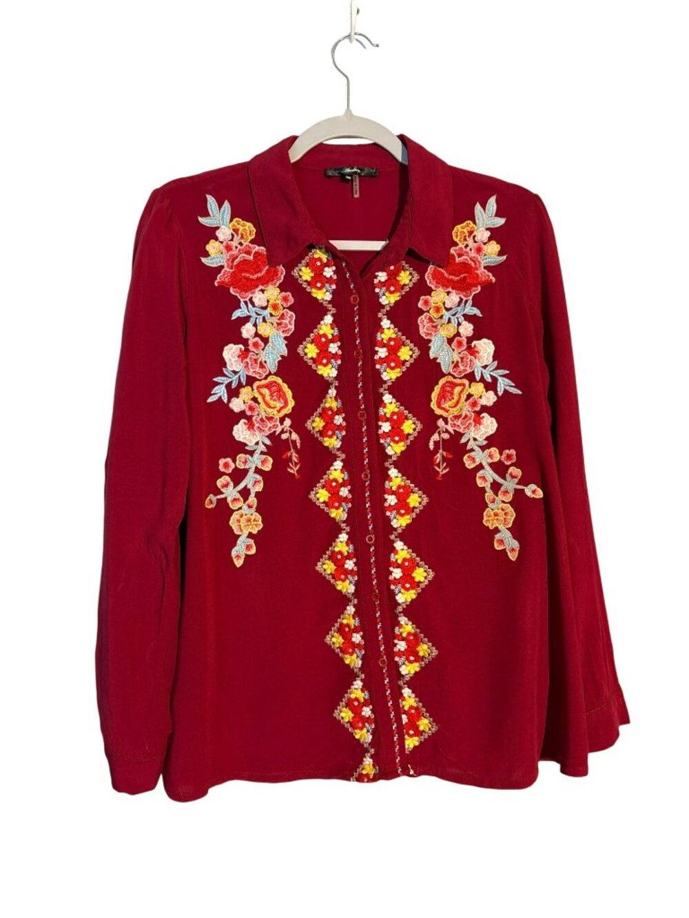 Andrée By Unit Embroidered Floral Button-Up Shirt In Burgundy Rayon Size M